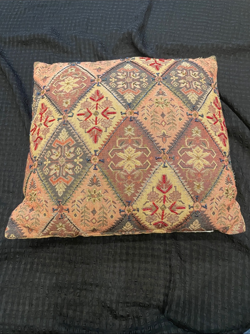 ❤️ BoHo iridescent Blue, Red & Gold beaded & Tapestry Accent Pillow